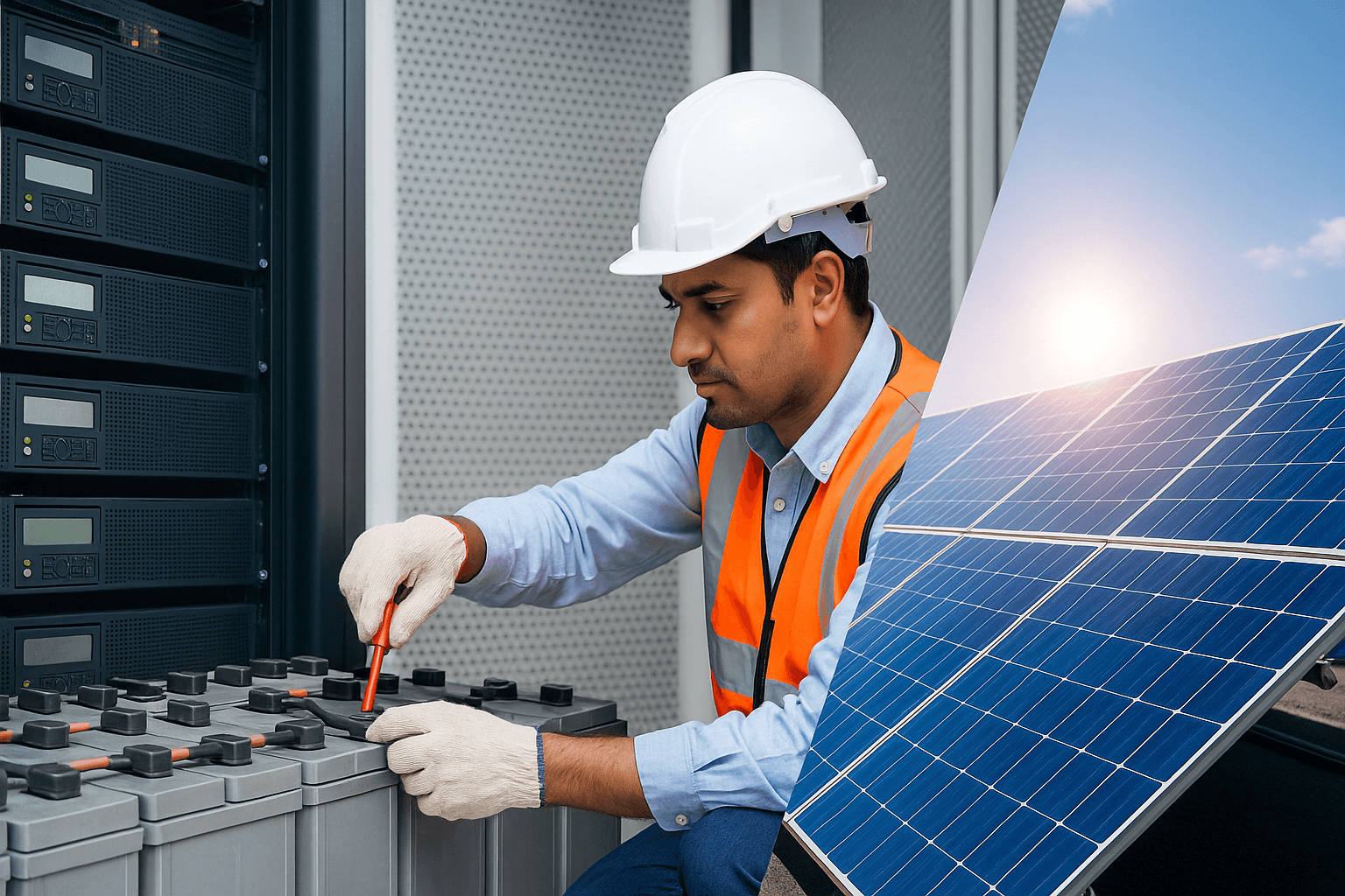 Technician maintaining UPS power infrastructure